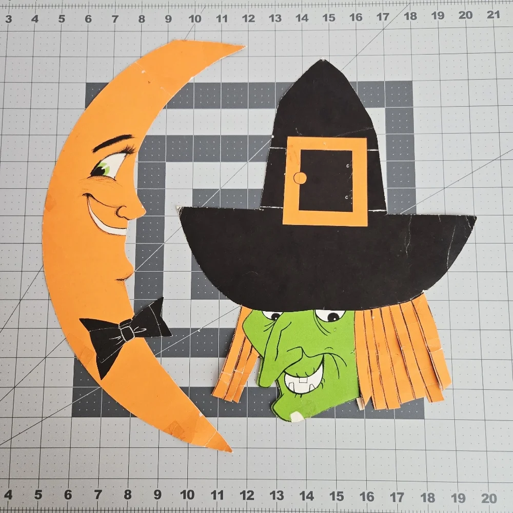 Vintage Halloween Die Cut Paper Wall Decorations Neon Witch Moon 70s Lot of 2